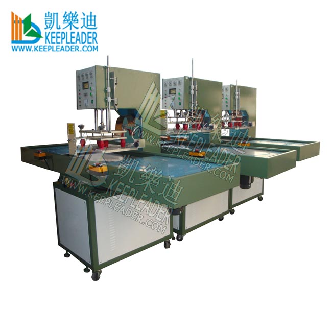 Mainly application  High frequency blister packaging for double-sides, welding of inflatable toy, raincoat, and any PVC, or PVC contained 30% up  Character  Using high Q oscillation value is installed in this machine which is stable and reliable in output.  High sensitive spark depressing circuit is used for preventing mould damage.  The rotating-plate, pusher-tray structure can improve the production effectively.  The cylinder propping positioning gadget can make precise positioning of turntable.  It is made of a whole set high quality imported components    Technique specifications  Model  KLR-5000S/A/ET  KLR-8000S/A/ET  KLR-10KWT  KLR-15KWT  Power  5000W  8000W  10KW  15KW  Voltage  220V/380V  50/60HZ  Frequency  27.12MHZ  13.56MHZ  Input power  8KVA  15KVA  18KVA  25KVA  Rectifier  SILICON DIODE  Oscillation tube  7T85RB  7T69RB  E3069  8T85RB  Max pressure  350kg  500kg  800kg  1000kg  Electrodes Gap  160 up to 200MM  active horn  175MM  200MM  150MM  upper electrode  200*350  400*600  500*700  600*900  lower electrode  400*600  600*800  600*800  600*900  Range of temperature  30 up to 200 Adjustable  Welding time  0 up to 10S Adjustable  Productivity  Equal or less 4000times per 8h  Net weight  280kg  330kg  360kg  500kg  Overall dimension  1000*660*730  1000*720*1860  1000*720*1860  2500*2100*2000  Standard equipment:  Name  Origin  Brand  Air driven components  Taiwan  Airtac  AC contactor  Korean  LG  Relay  Japan  Omron  Electron Tube  Japan  Toshiba  Time controller  Taiwan  CKC  MFR: KEEPLEADER™ have modified and designed model for our customers’ unique and special requirements, please contact KEEPLEADER™ for updated details